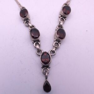 925 Sterling Silver Necklace w/ Genuine Red Garnet Gemstones, 15 In., 10.28 Gms